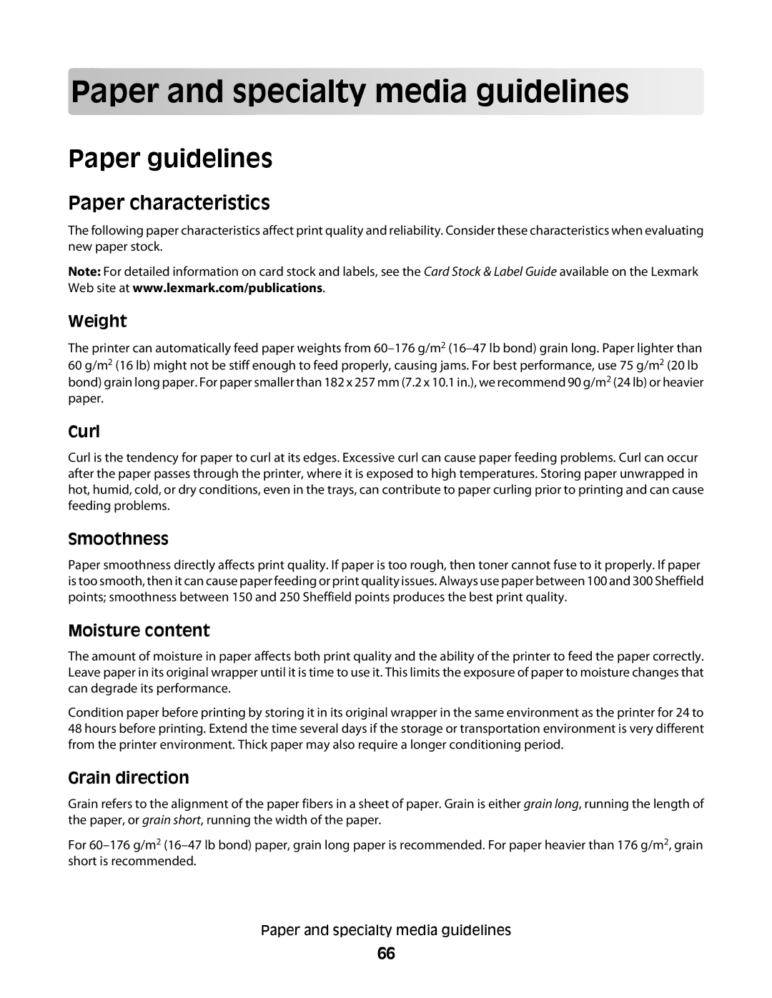 Lexmark 30G0213, 30G2127, 30G0108, 30G0210 Pap er and specialty m edia g uidelin es, Paper guidelines, Paper characteristics 