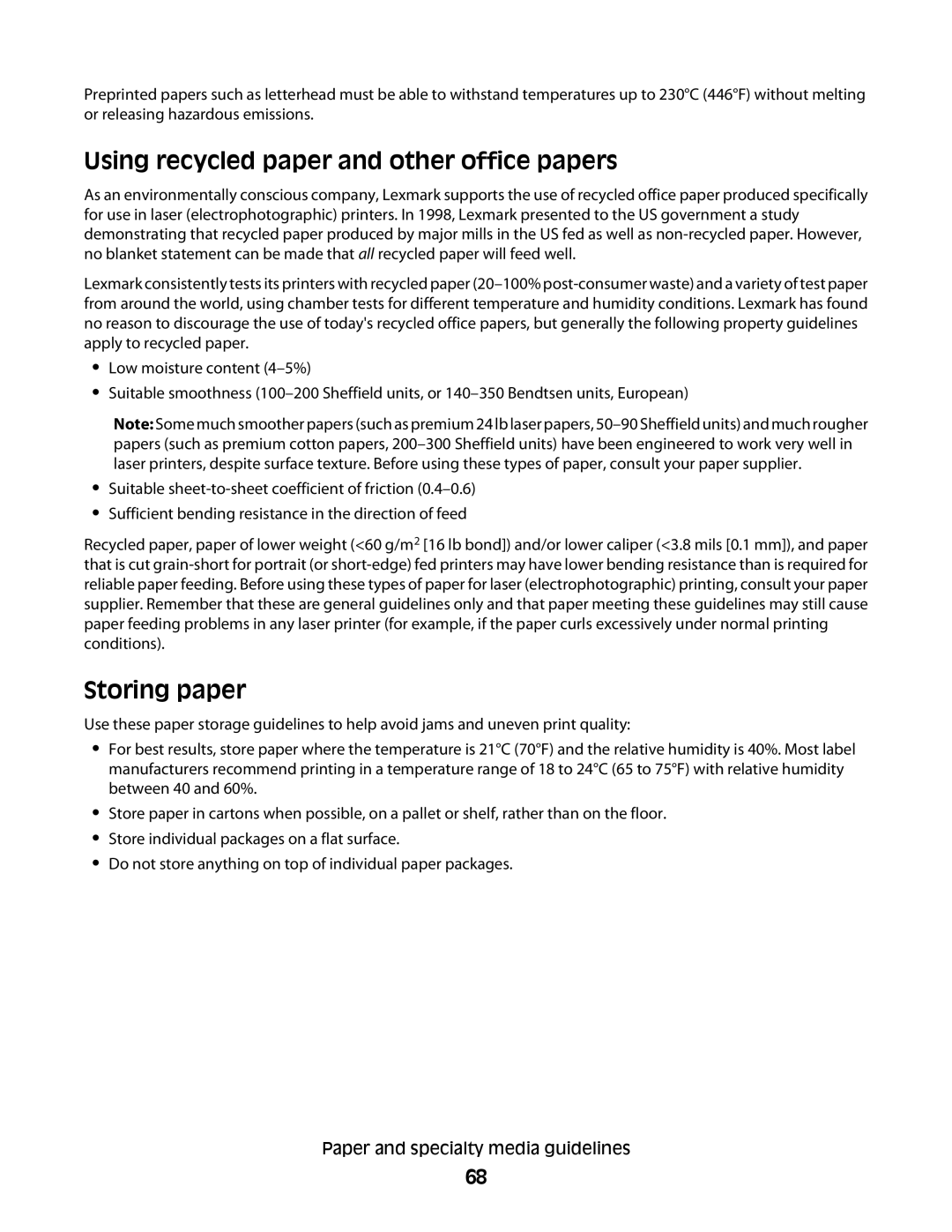 Lexmark 30G2000, 30G2127, 30G0108, 30G0210, 30G0200, 30G2259, 654dn Using recycled paper and other office papers, Storing paper 