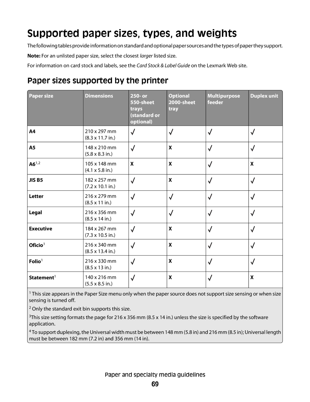 Lexmark 30G0310, 30G2127, 30G0108, 30G0210 Supported paper sizes, types, and weights, Paper sizes supported by the printer 