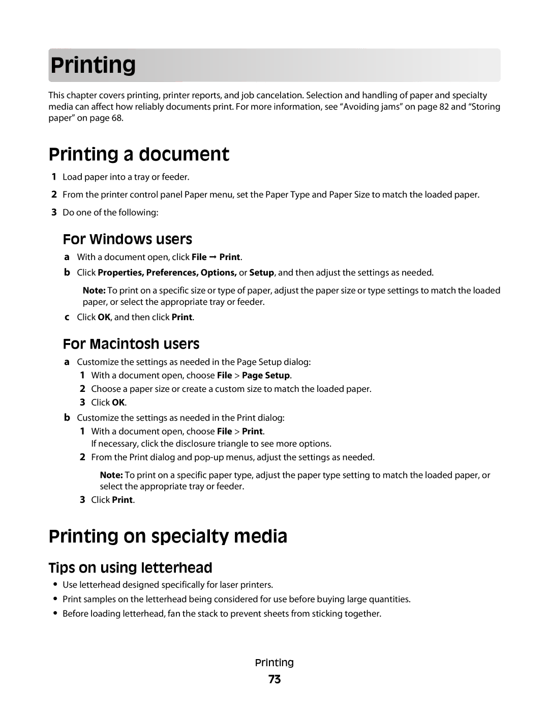 Lexmark 652n, 30G2127, 30G0108, 650dtn Prin ting, Printing a document, Printing on specialty media, Tips on using letterhead 