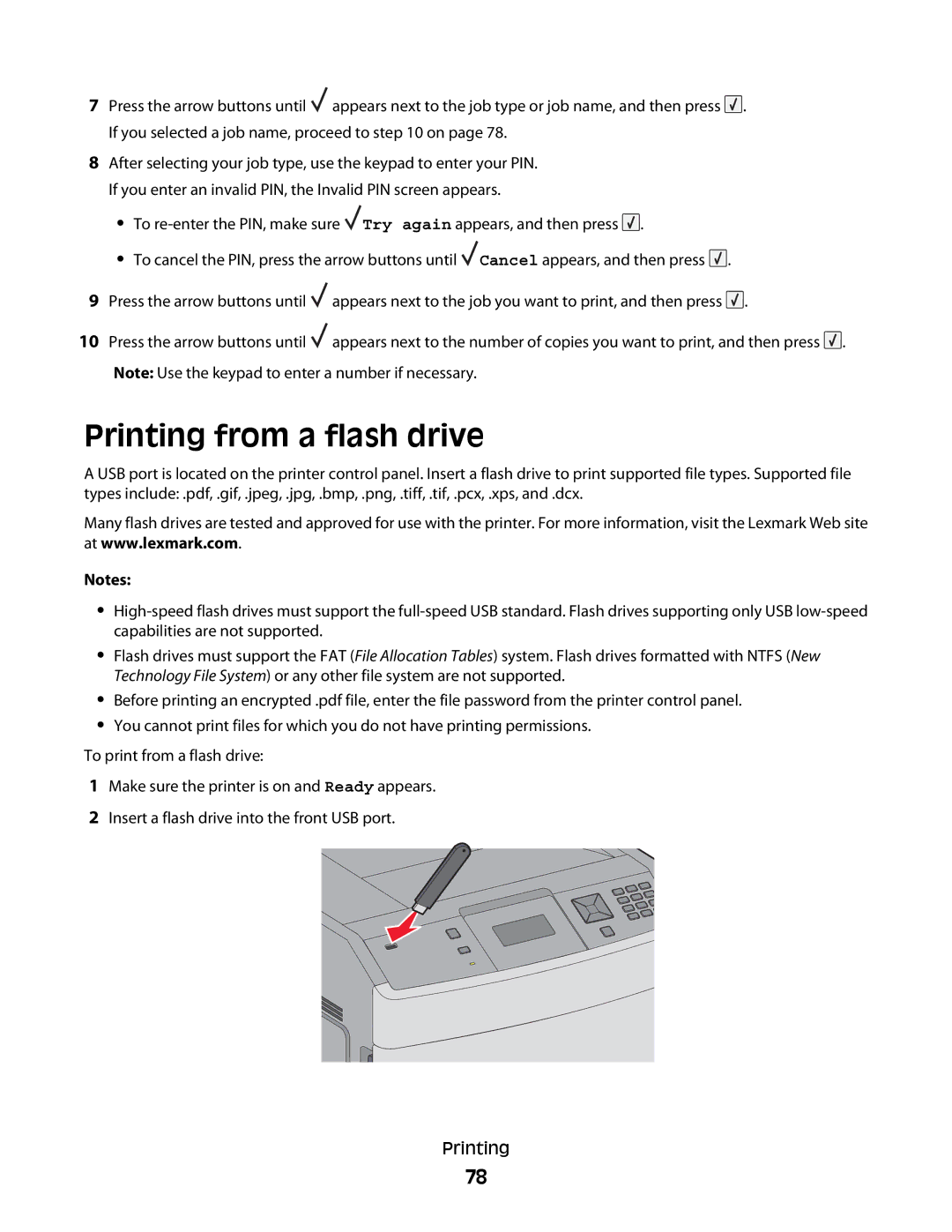 Lexmark T654, 30G2127, 30G0108, 30G0210, 30G0200, 30G2259, 30G0100, 30G0213, 30G0300, 30G2000, 30G0310 Printing from a flash drive 