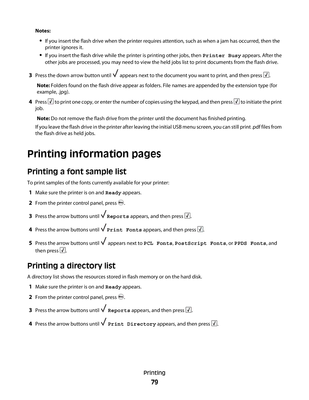 Lexmark T650n, 30G2127, 30G0108, 30G0210 Printing information pages, Printing a font sample list, Printing a directory list 