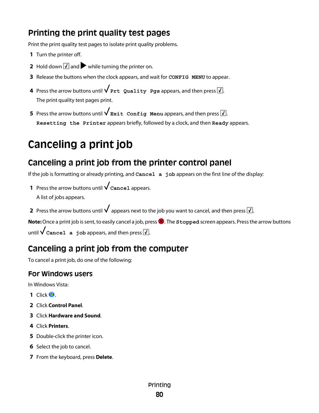 Lexmark 30G2127, 30G0108, 30G0210, 650dtn Printing the print quality test pages, Canceling a print job from the computer 