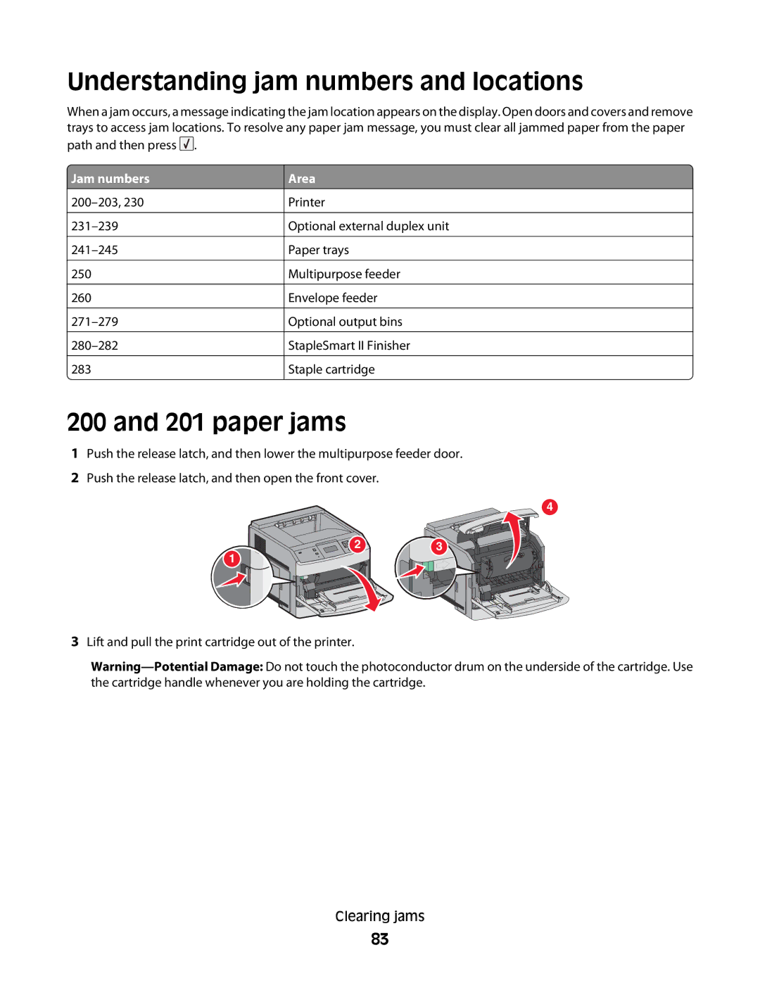 Lexmark 30G0200, 30G2127, 30G0108, 30G0210, 30G2259, 30G0100, 30G0213, 654dn Understanding jam numbers and locations, paper jams 