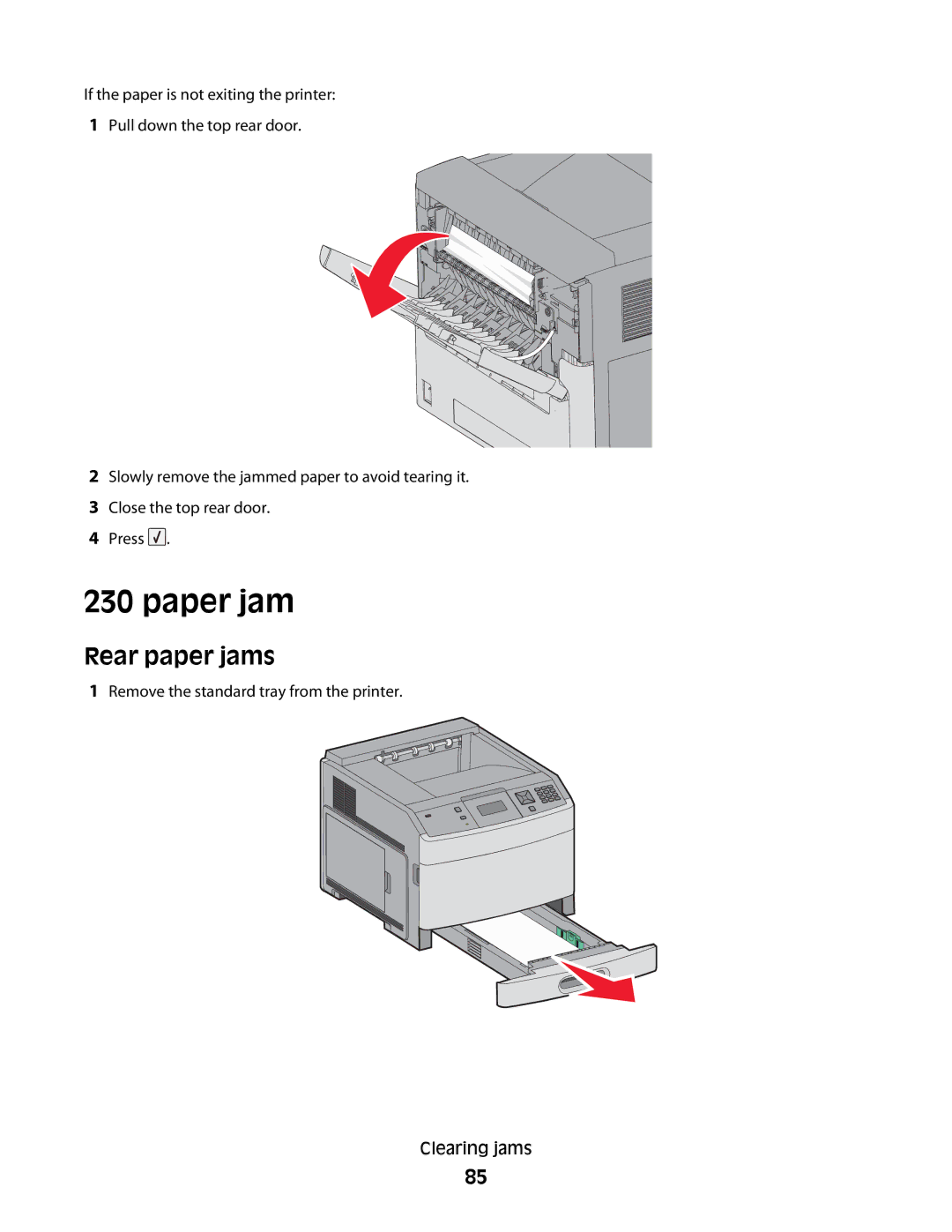 Lexmark 30G0100, 30G2127, 30G0108, 30G0210, 30G0200, 30G2259, 30G0213, 30G0300, 30G2000, 30G0310, 650dtn Paper jam, Rear paper jams 