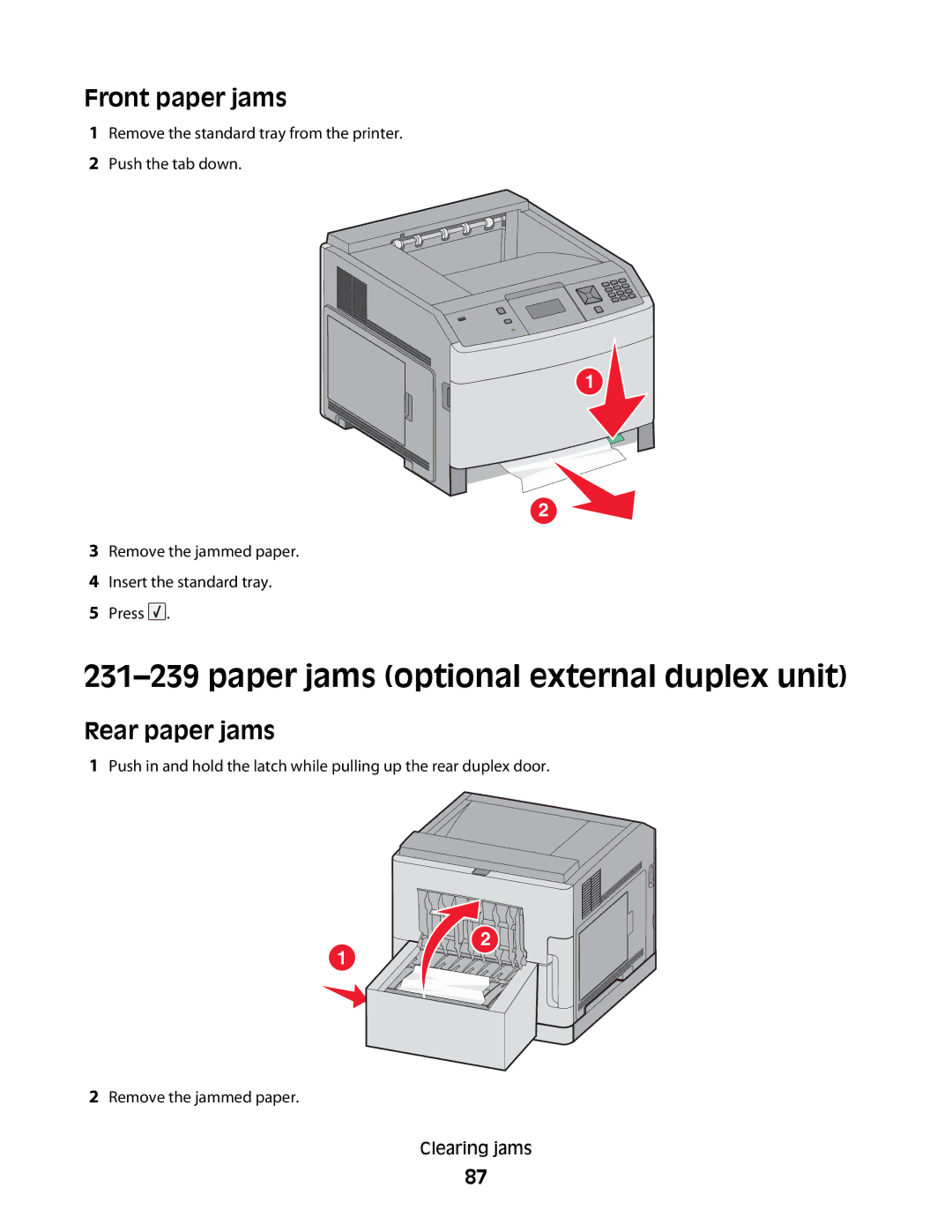 Lexmark 30G0300, 30G2127, 30G0108, 30G0210, 30G0200, 30G2259, 650dtn Paper jams optional external duplex unit, Front paper jams 