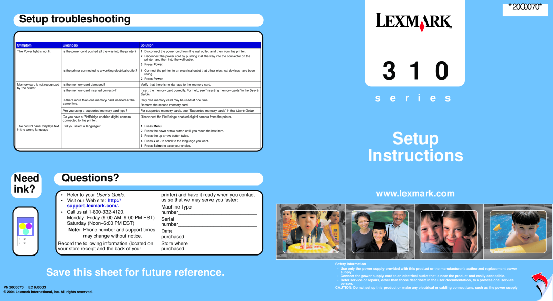 Lexmark 310 Series manual Setup troubleshooting, Need ink?, Questions?, Setup Instructions, s e r i e s, 20C0070 