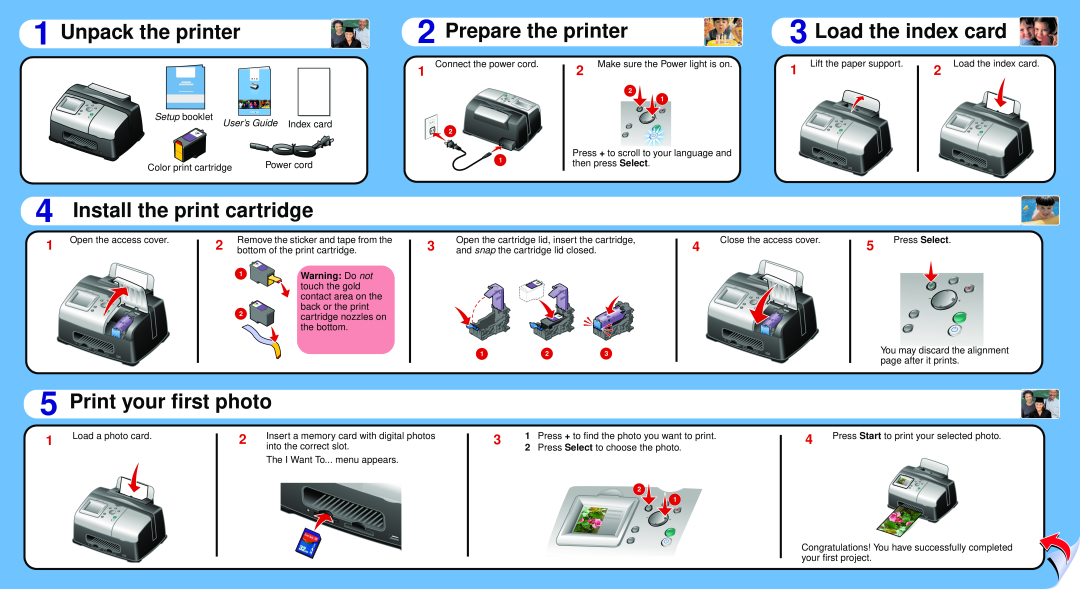 Lexmark 310 Series manual Unpack the printer, Prepare the printer, Load the index card, Install the print cartridge 