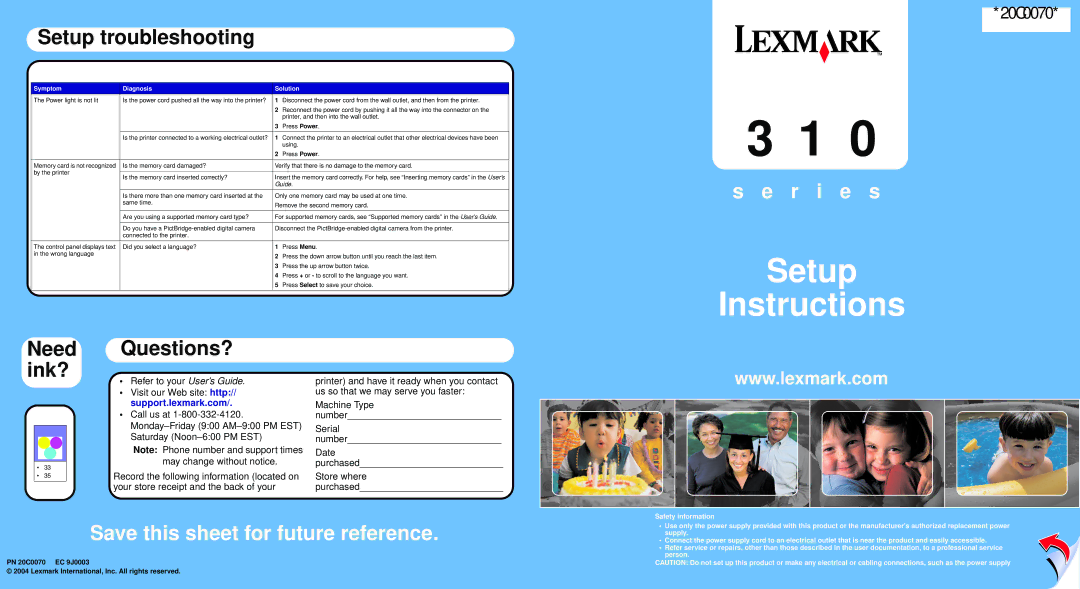 Lexmark 310 Series manual Setup troubleshooting, Need ink? Questions? 