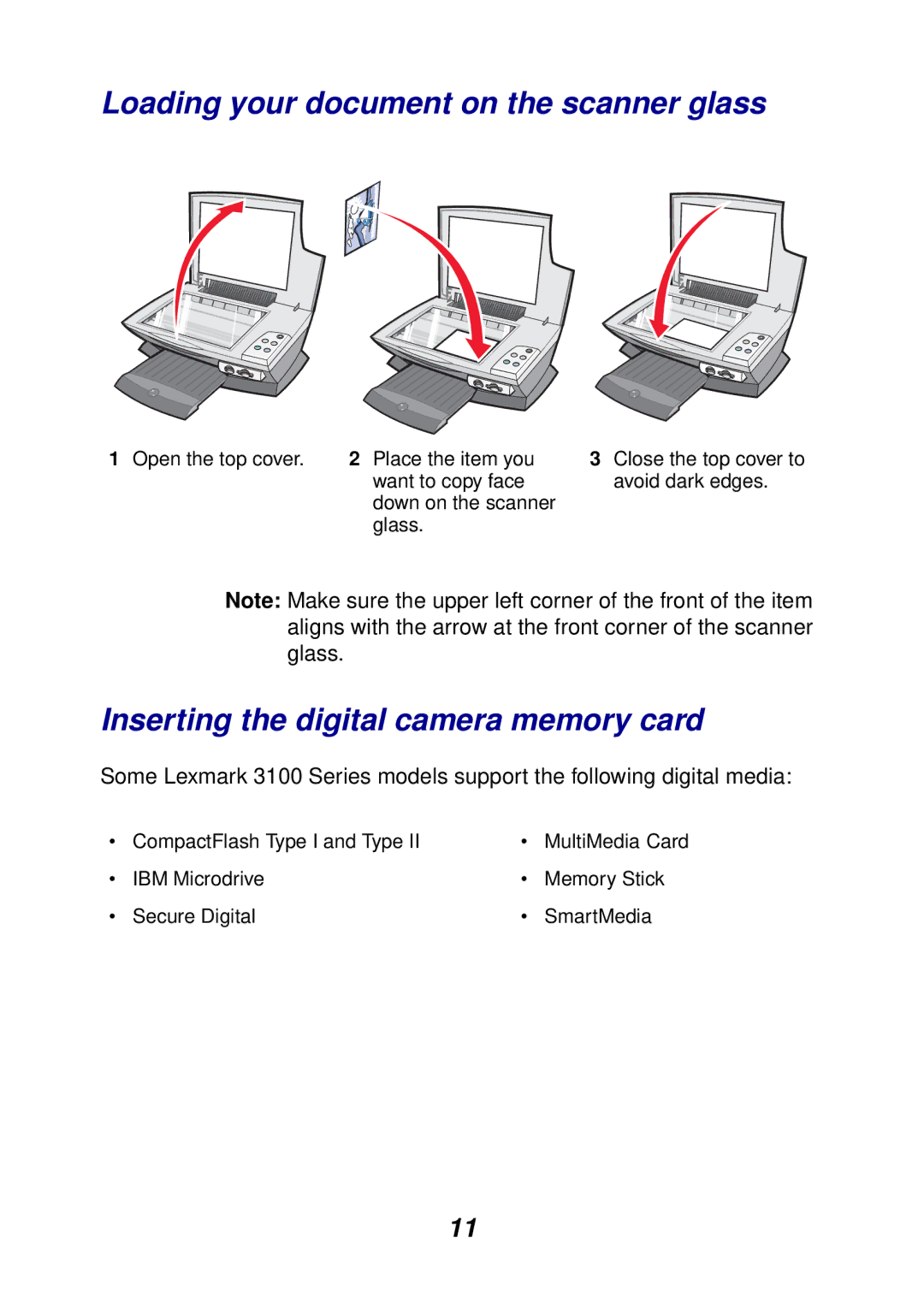 Lexmark 3100 manual Loading your document on the scanner glass, Inserting the digital camera memory card 