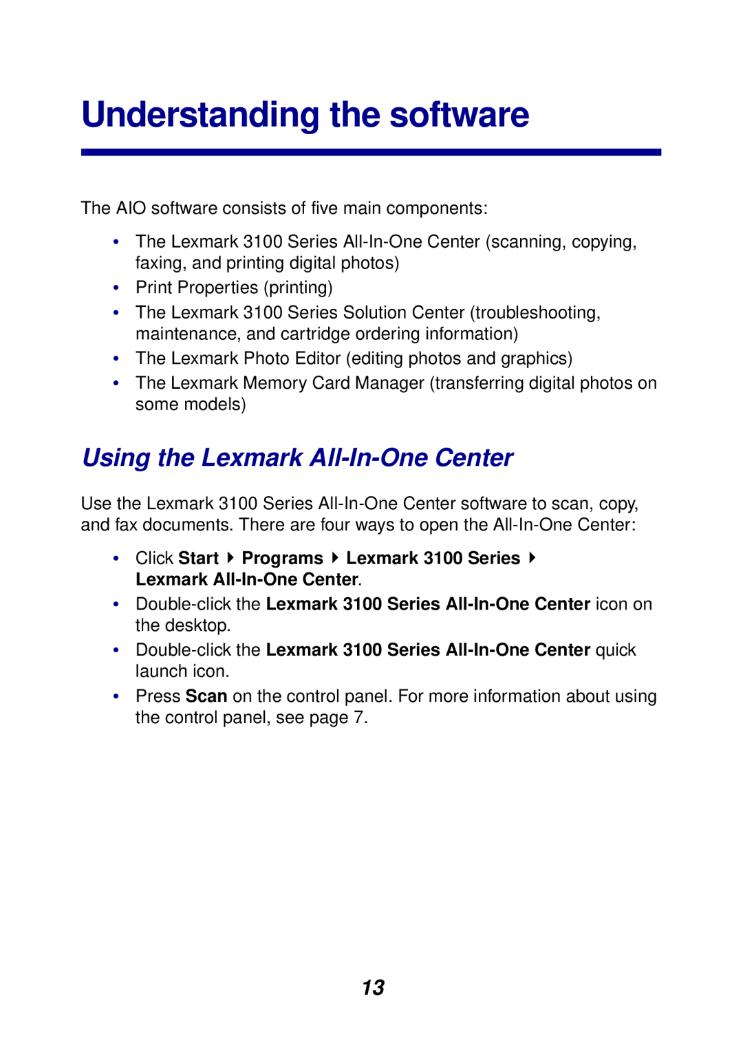 Lexmark 3100 manual Understanding the software, Using the Lexmark All-In-One Center 