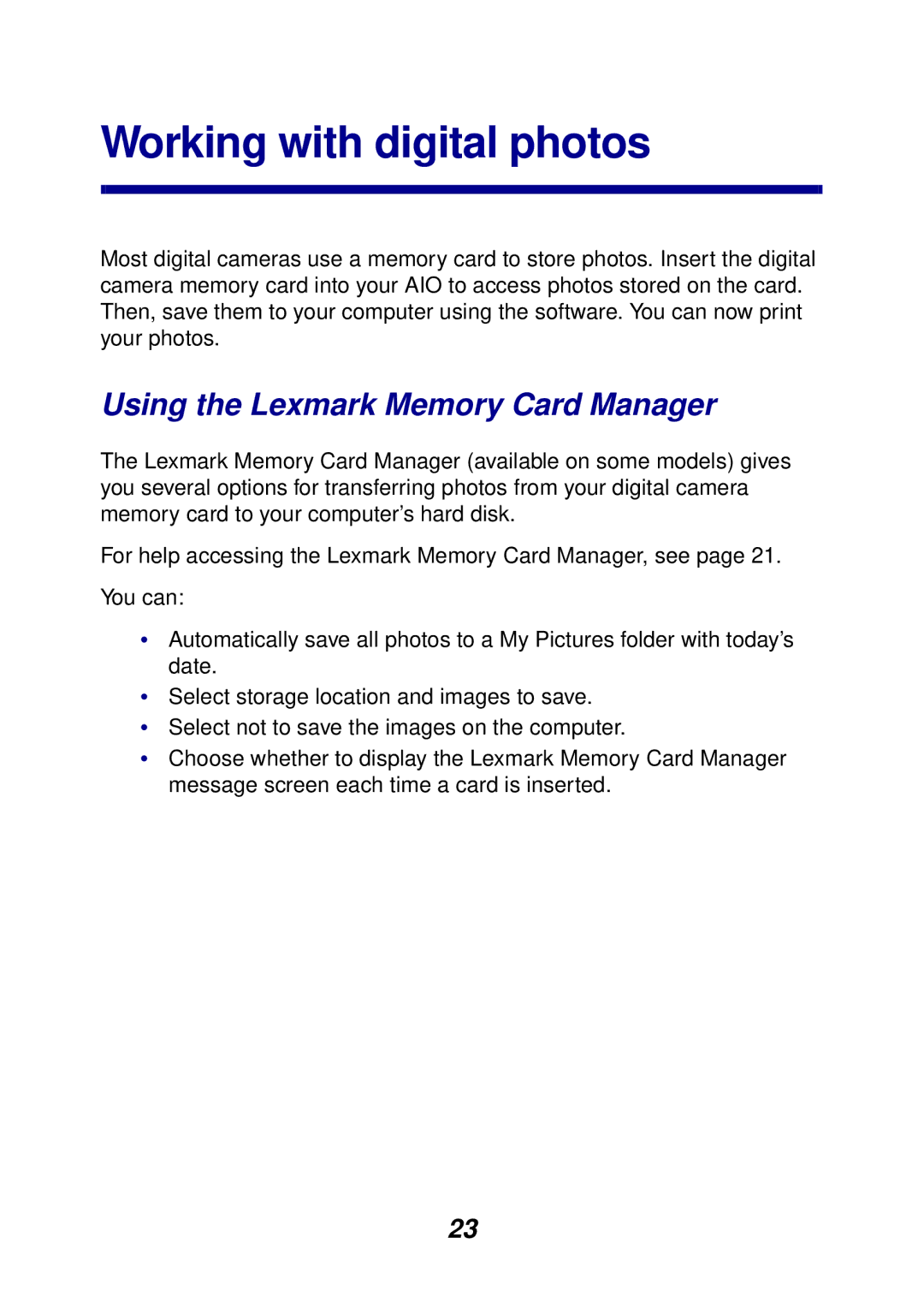 Lexmark 3100 manual Working with digital photos, Using the Lexmark Memory Card Manager 