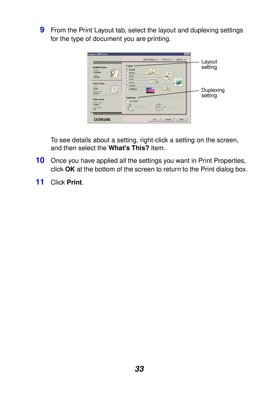 Lexmark 3100 manual Layout setting Duplexing setting 