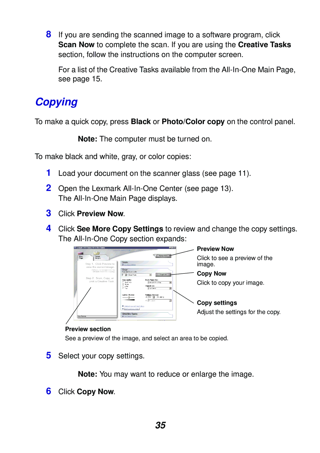 Lexmark 3100 manual Copying, Click Preview Now, Click Copy Now 