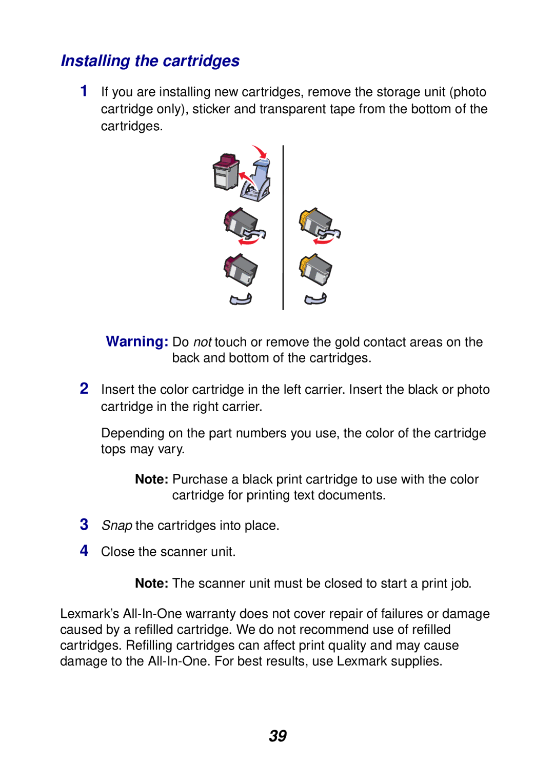 Lexmark 3100 manual Installing the cartridges 