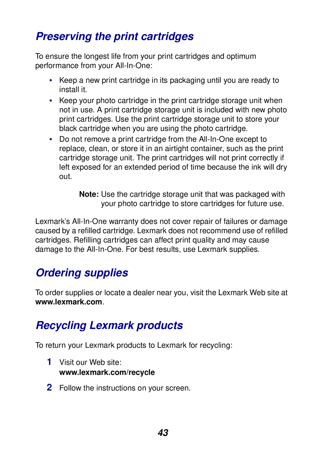 Lexmark 3100 manual Preserving the print cartridges, Ordering supplies Recycling Lexmark products 