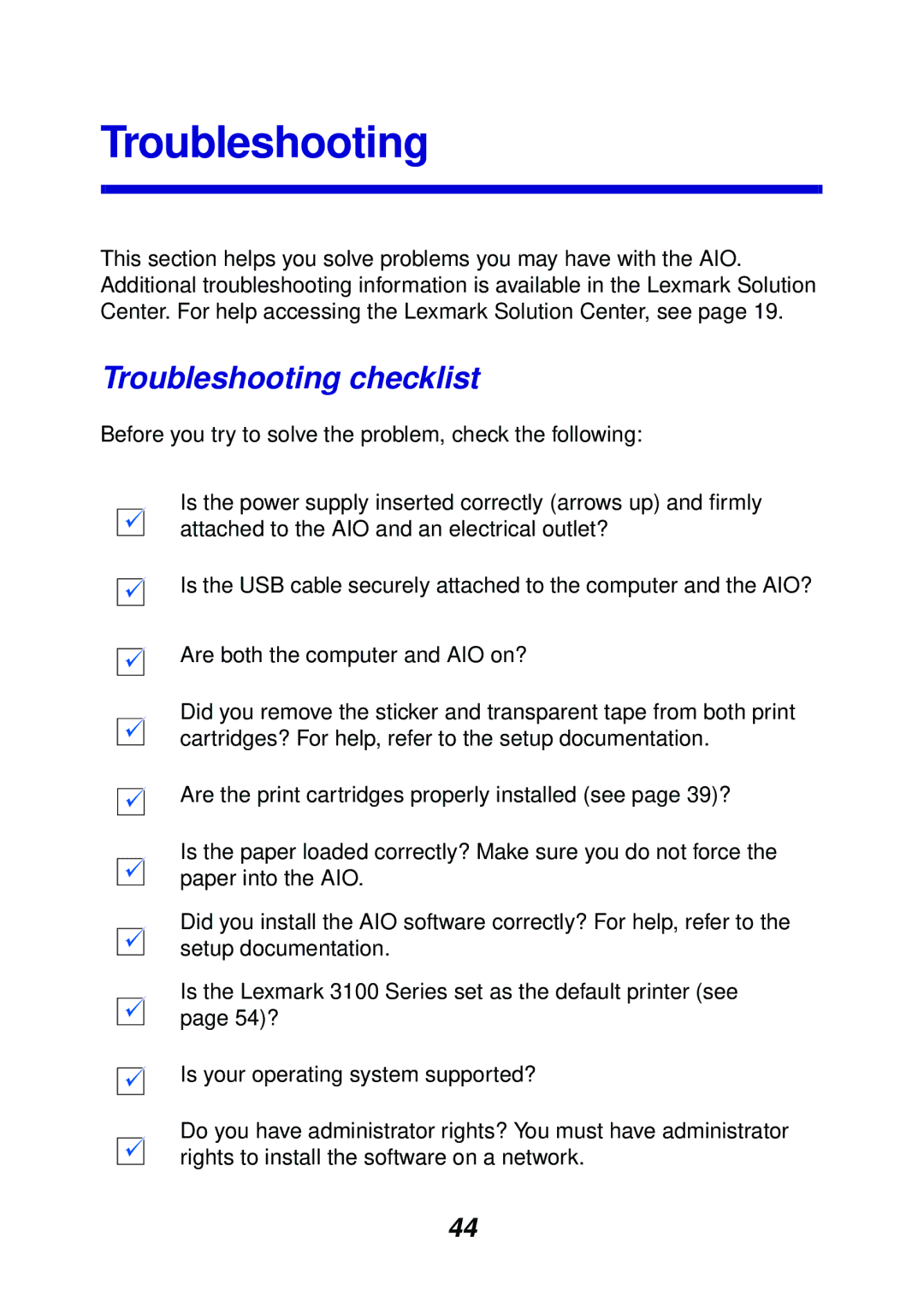 Lexmark 3100 manual Troubleshooting checklist 