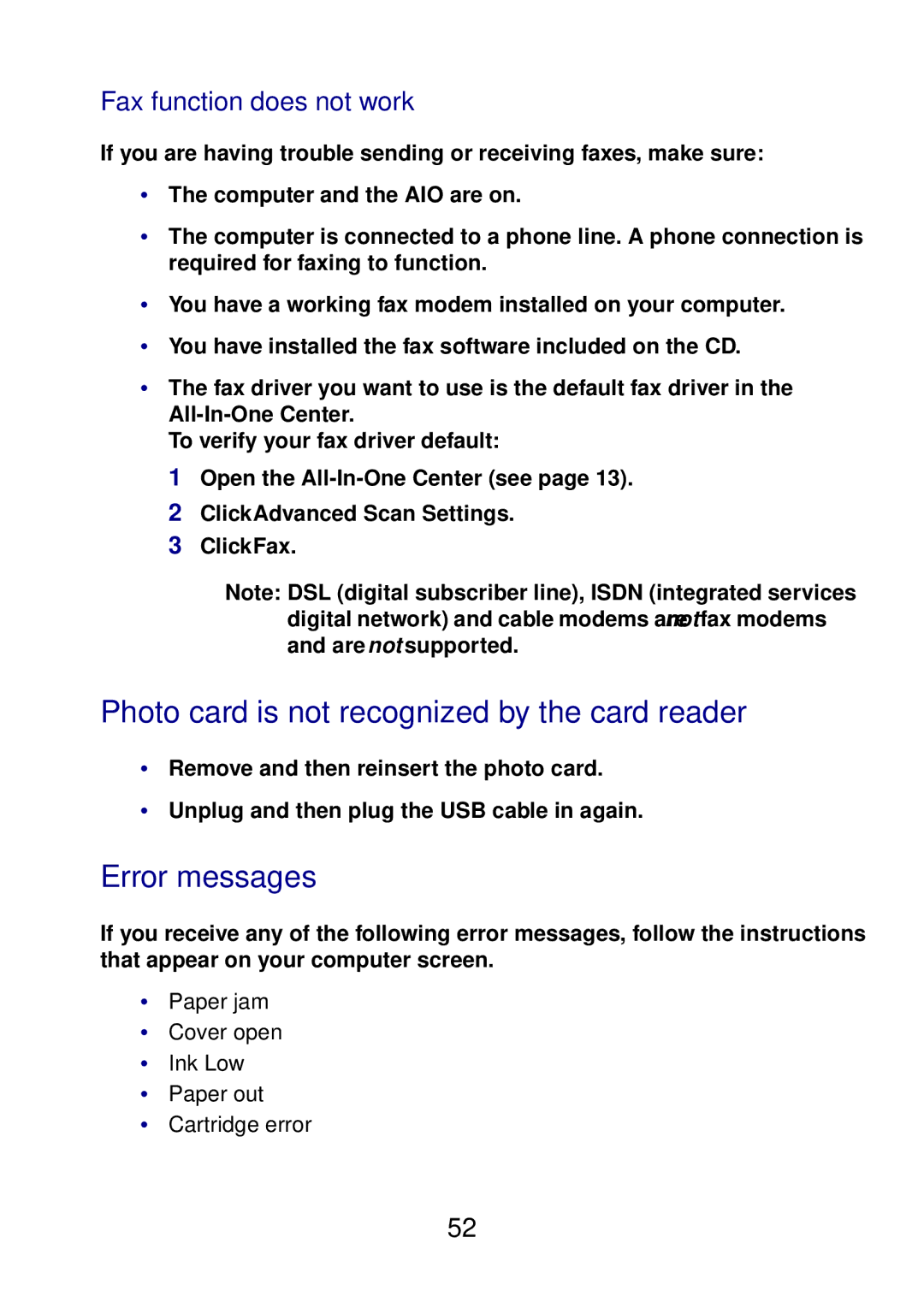 Lexmark 3100 manual Photo card is not recognized by the card reader, Error messages, Fax function does not work 