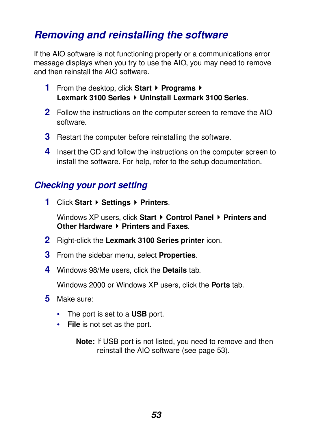 Lexmark 3100 manual Removing and reinstalling the software, Checking your port setting 