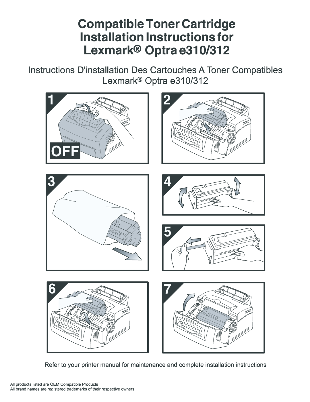 Lexmark installation instructions Compatible Toner Cartridge, Installation Instructions for, Lexmark Optra e310/312 