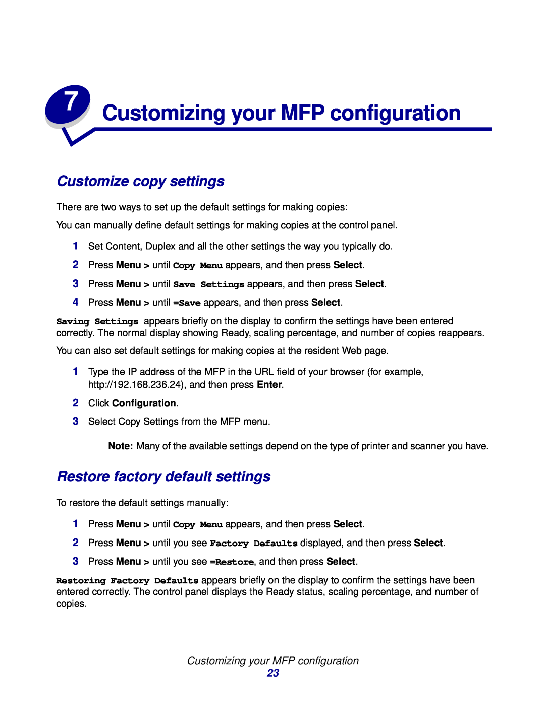 Lexmark 3200 manual Customizing your MFP configuration, Customize copy settings, Restore factory default settings 