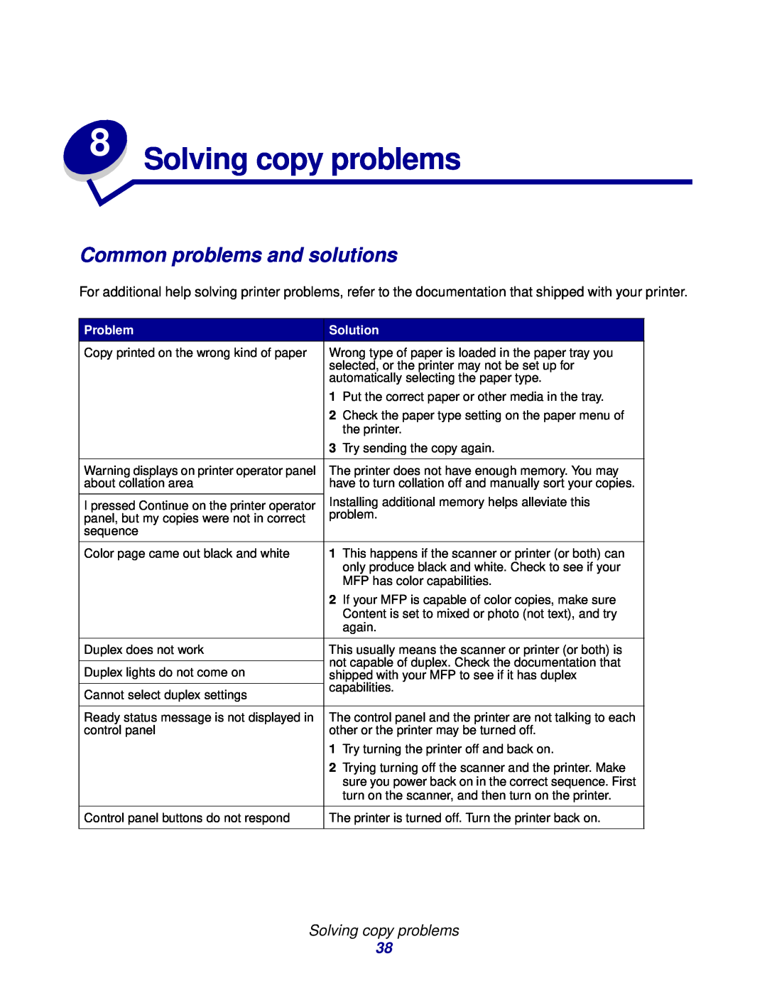 Lexmark 3200 manual Solving copy problems, Common problems and solutions 