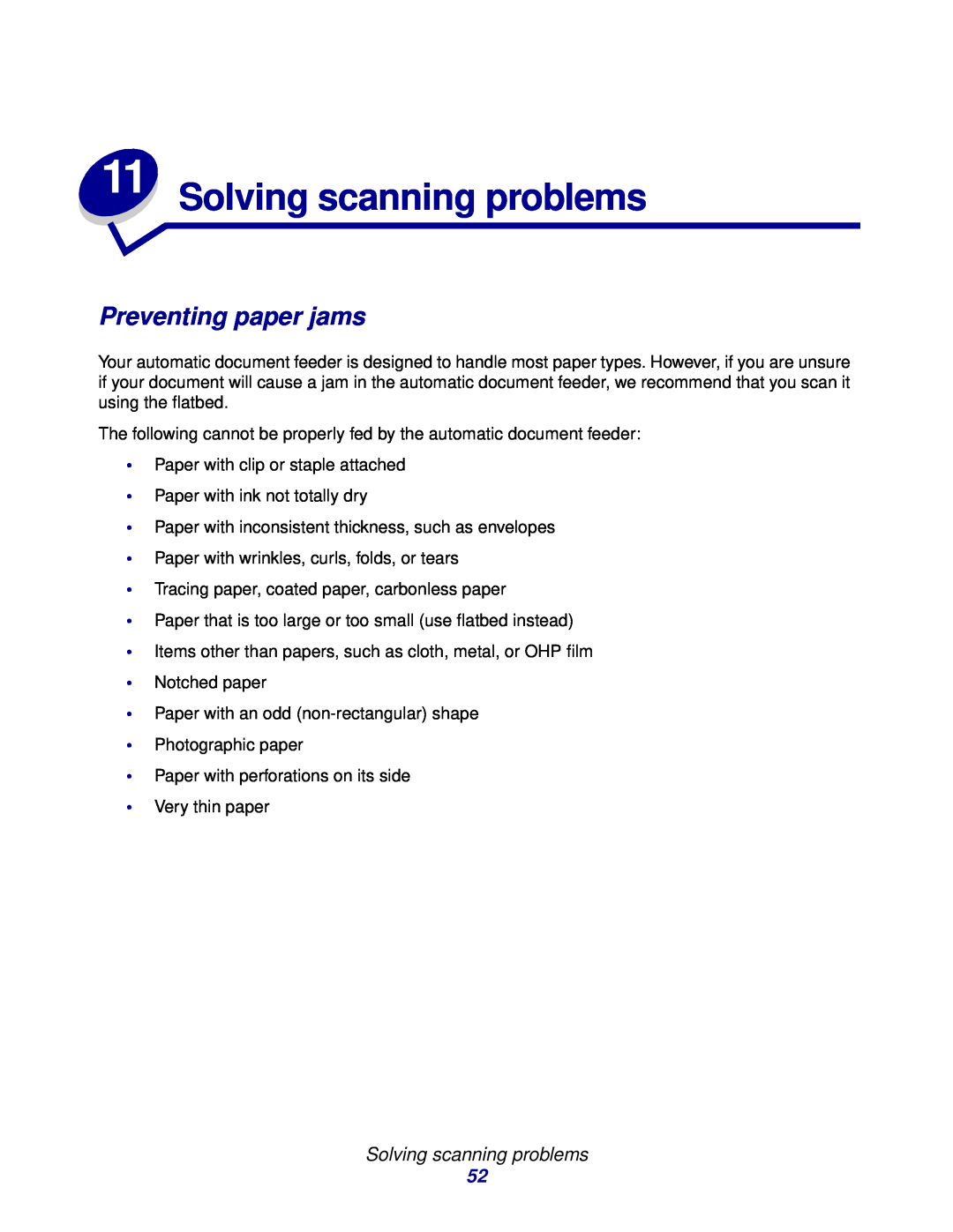 Lexmark 3200 manual Solving scanning problems, Preventing paper jams 