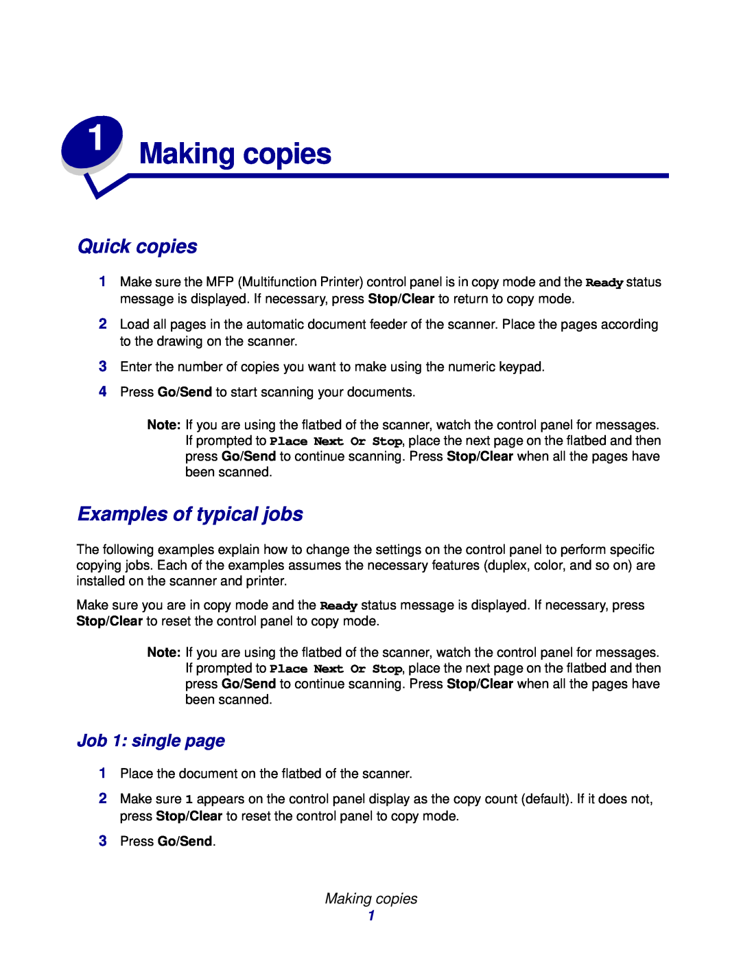 Lexmark 3200 manual Making copies, Quick copies, Examples of typical jobs, Job 1 single page 
