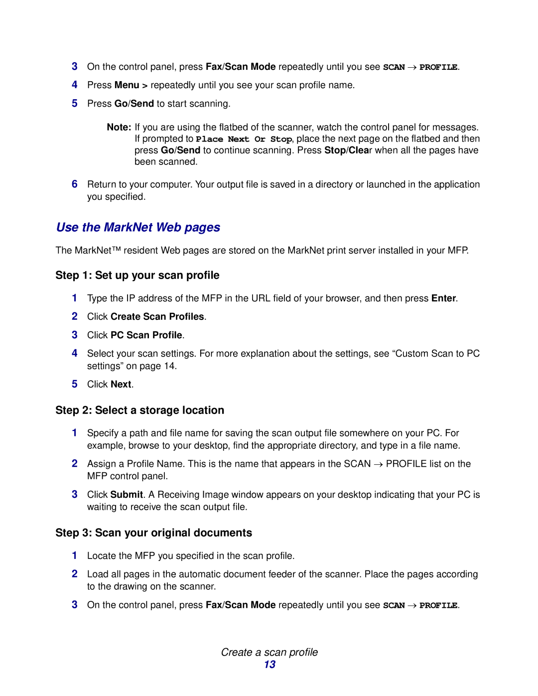 Lexmark 3200 manual Use the MarkNet Web pages, Create a scan profile 