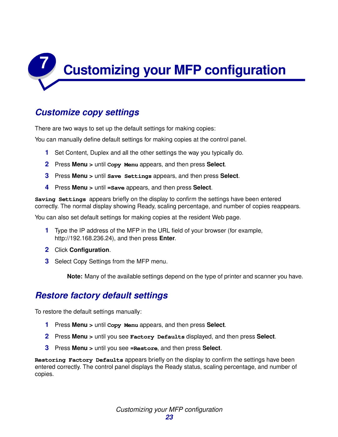 Lexmark 3200 manual Customizing your MFP configuration, Customize copy settings, Restore factory default settings 