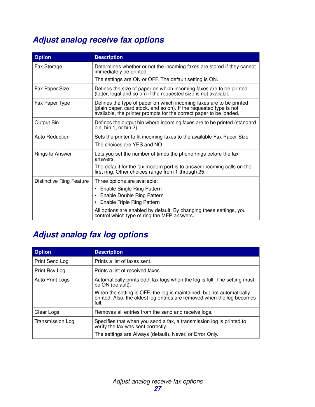 Lexmark 3200 manual Adjust analog receive fax options, Adjust analog fax log options 