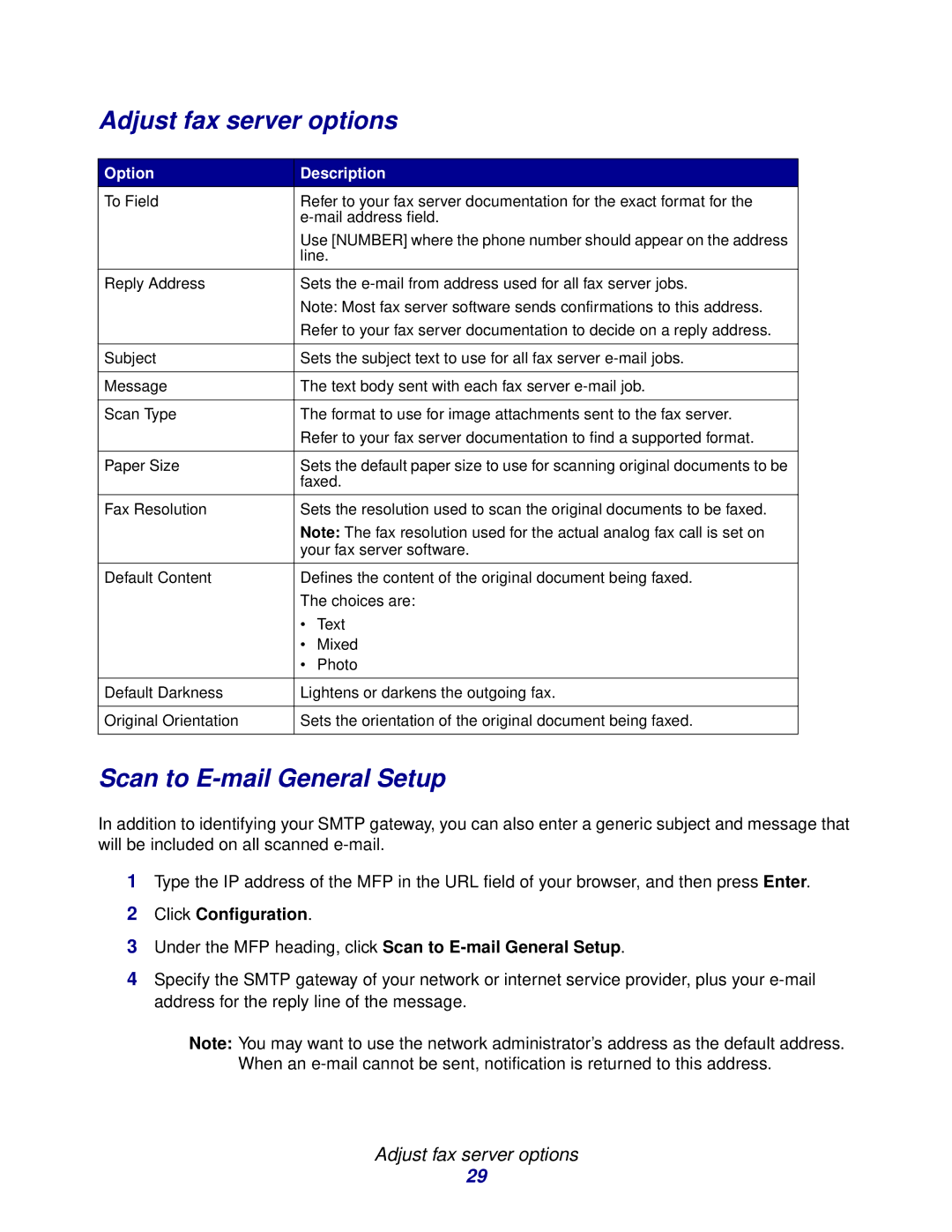 Lexmark 3200 manual Adjust fax server options, Scan to E-mail General Setup 