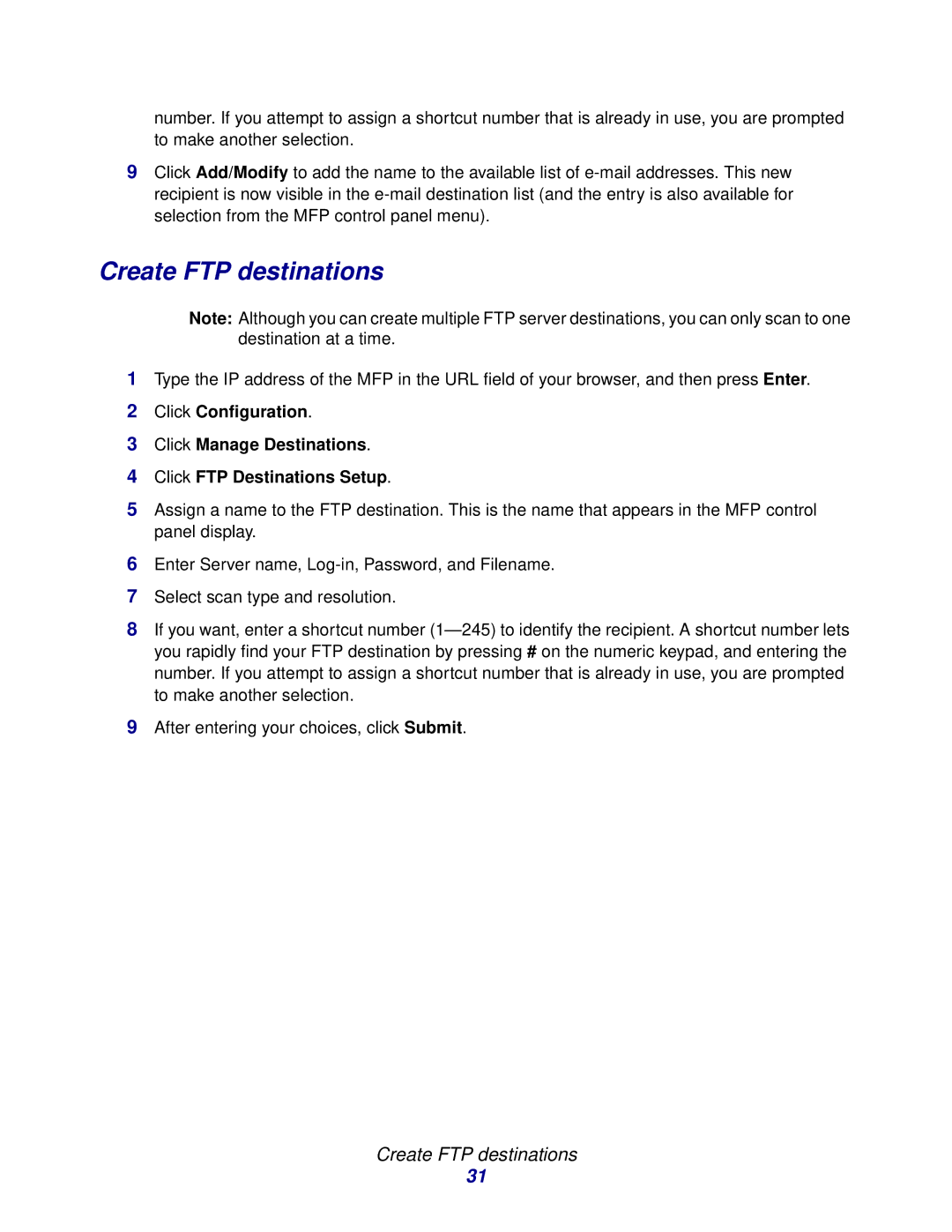 Lexmark 3200 manual Create FTP destinations 