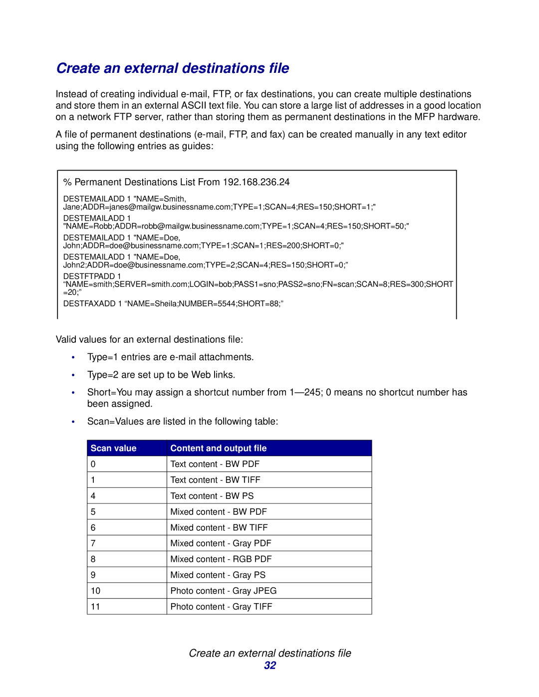 Lexmark 3200 manual Create an external destinations file, Scan value Content and output file 