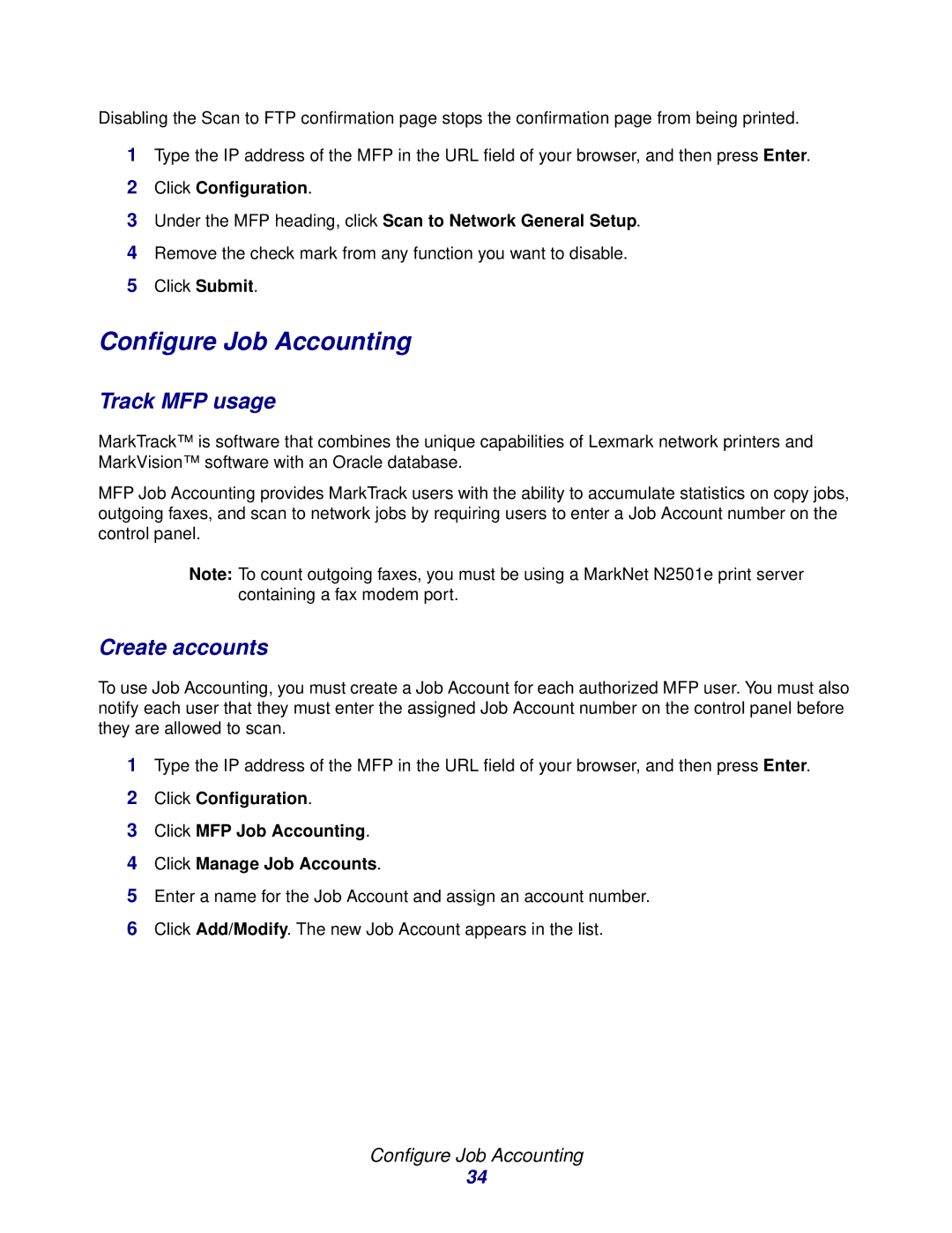 Lexmark 3200 manual Configure Job Accounting, Track MFP usage, Create accounts 