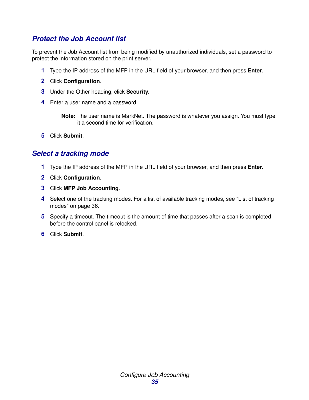 Lexmark 3200 manual Protect the Job Account list, Select a tracking mode 