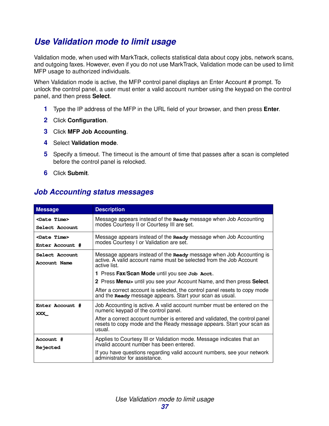 Lexmark 3200 manual Use Validation mode to limit usage, Job Accounting status messages, Message Description 