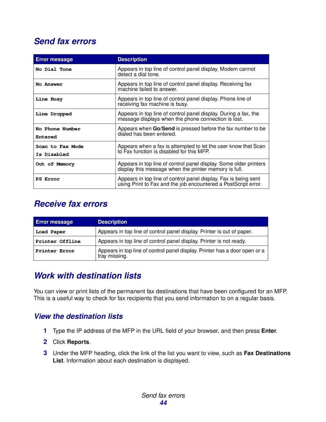 Lexmark 3200 manual Send fax errors, Receive fax errors, Work with destination lists, View the destination lists 