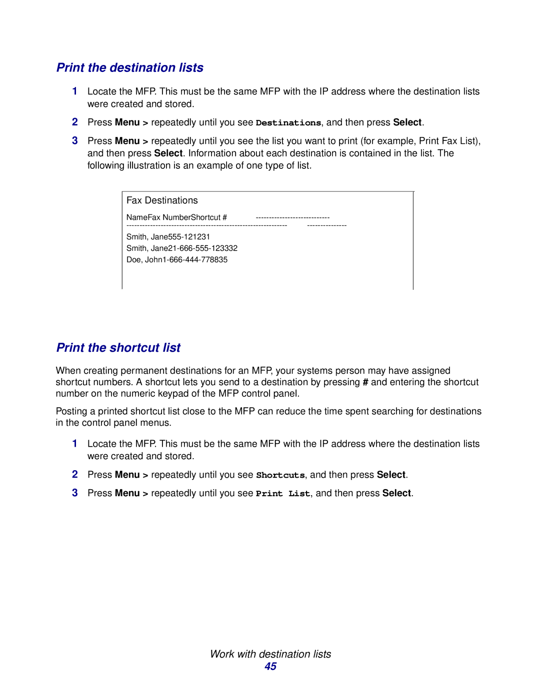 Lexmark 3200 manual Print the destination lists, Print the shortcut list, Work with destination lists 