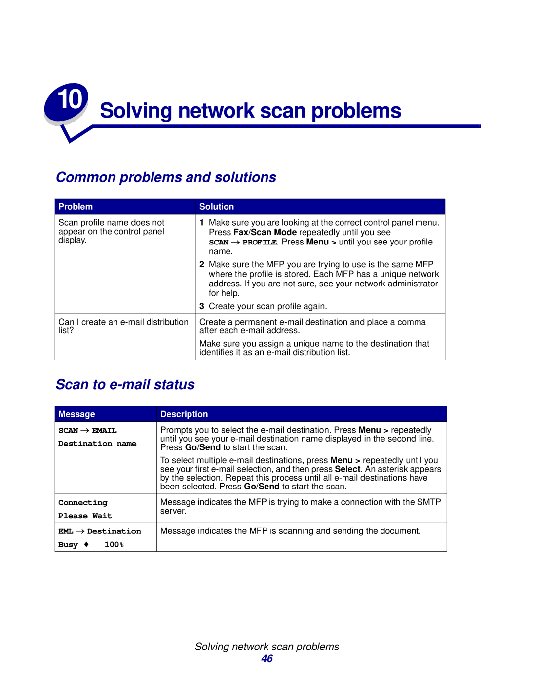 Lexmark 3200 manual Scan to e-mail status, Solving network scan problems, Connecting, Please Wait, EML → Destination 