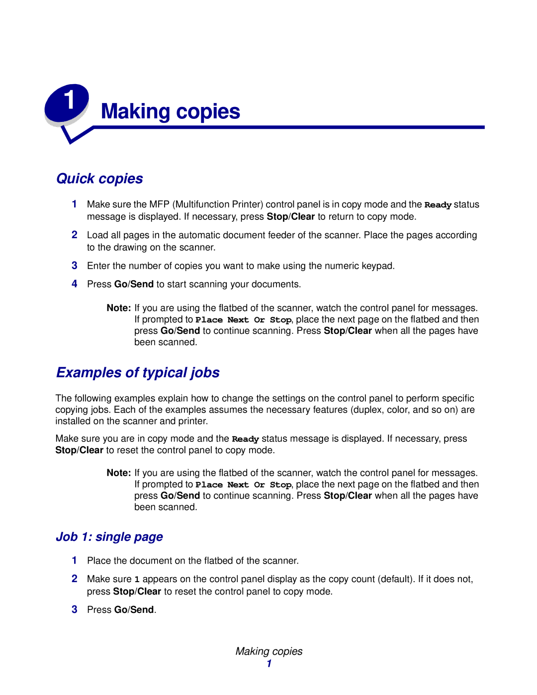 Lexmark 3200 manual Quick copies, Examples of typical jobs, Job 1 single, Making copies 