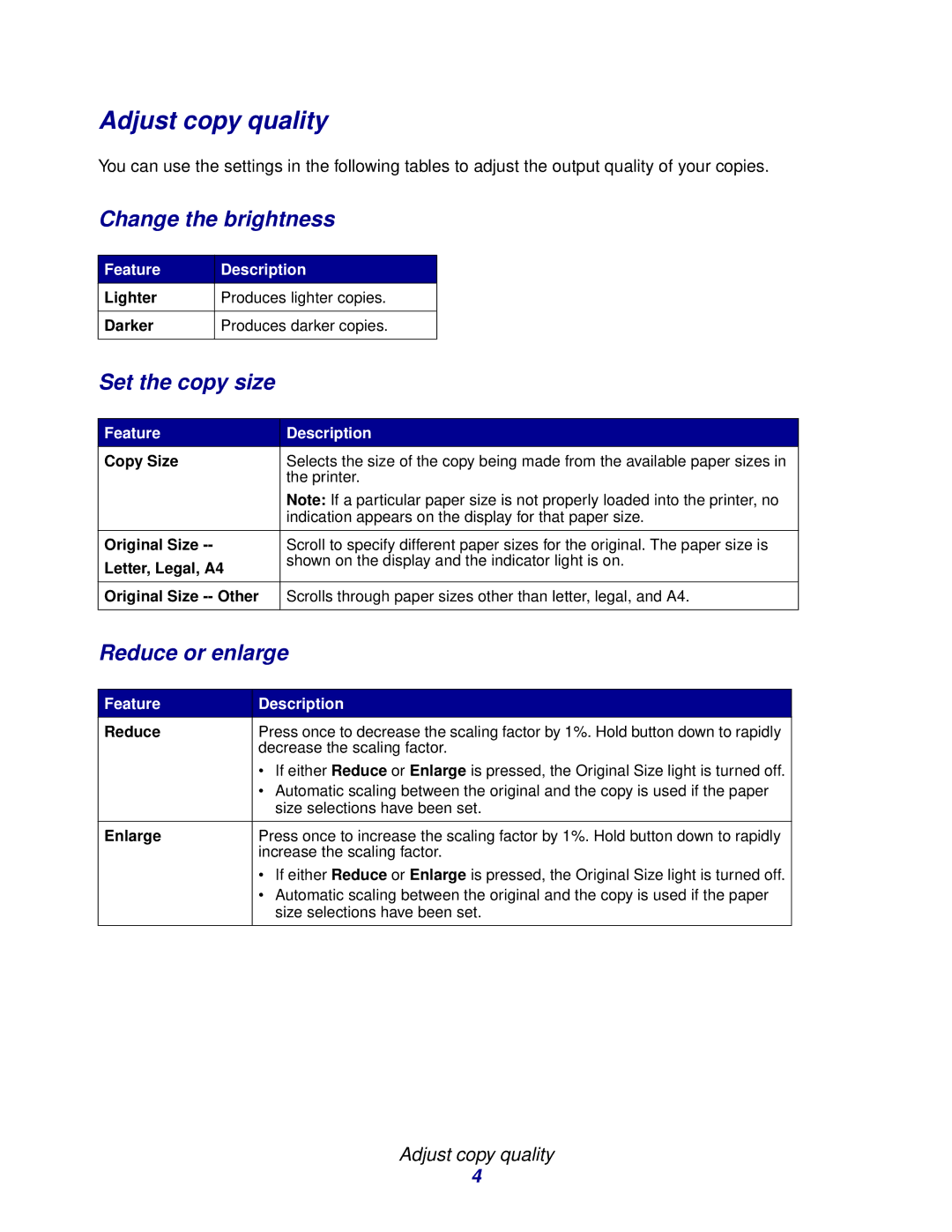 Lexmark 3200 manual Adjust copy quality, Change the brightness, Set the copy size, Reduce or enlarge 