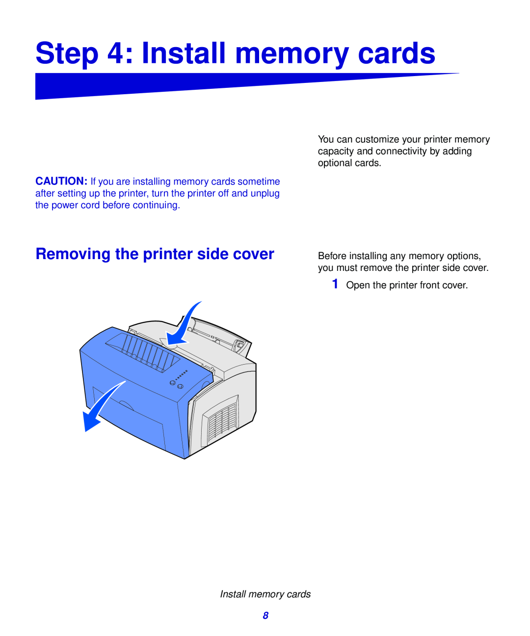 Lexmark 321, 323 setup guide Install memory cards, Removing the printer side cover 