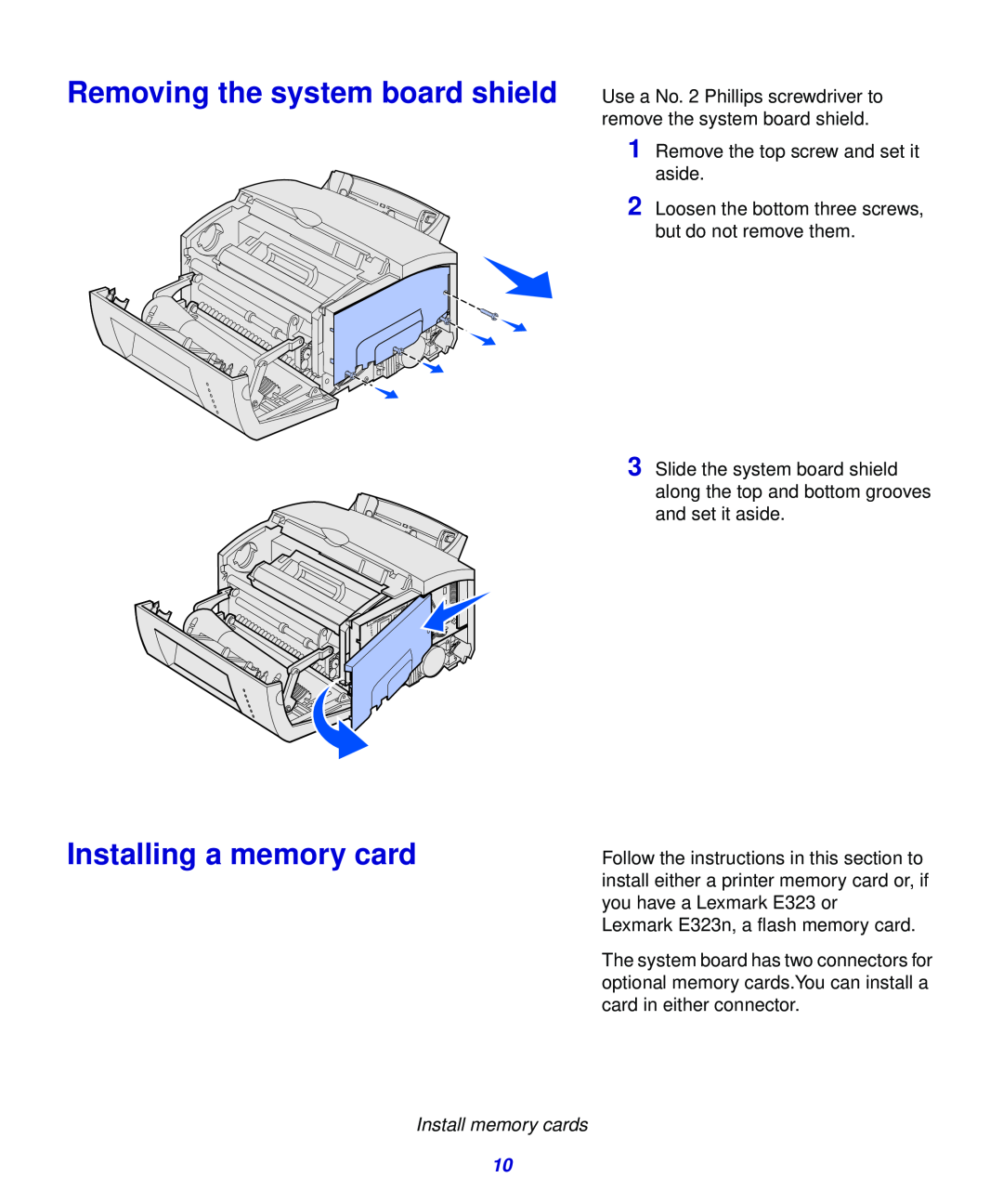 Lexmark 321, 323 setup guide Removing the system board shield, Installing a memory card 