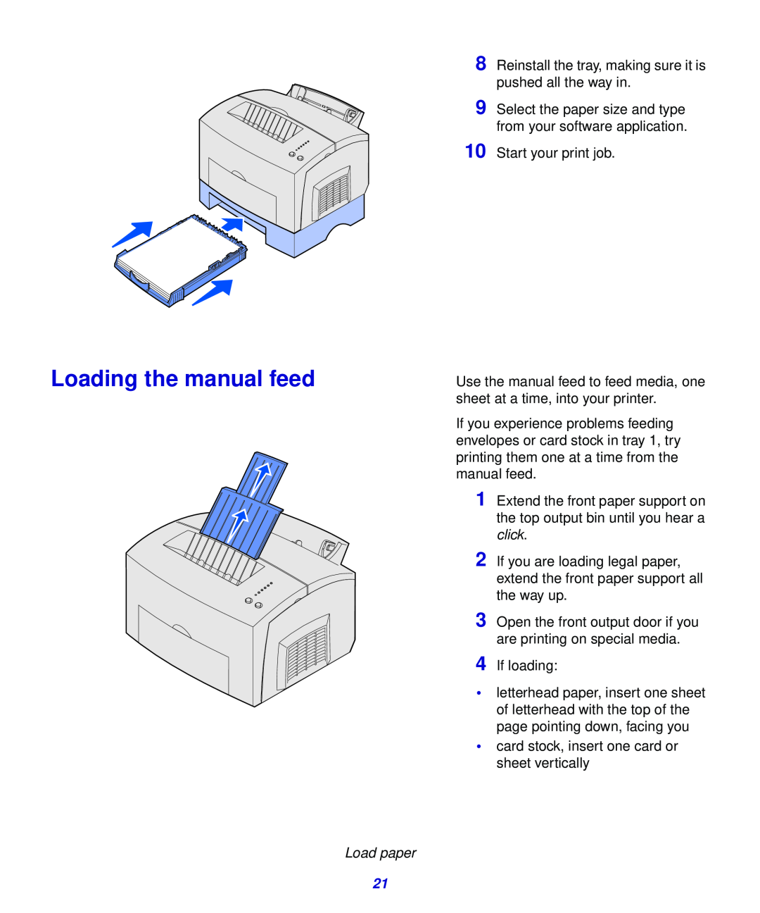 Lexmark 323, 321 setup guide Loading the manual feed 