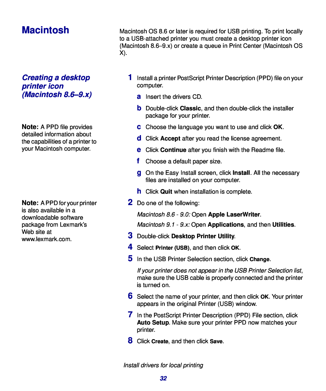 Lexmark 321, 323 setup guide Creating a desktop printer icon Macintosh 8.6–9.x 