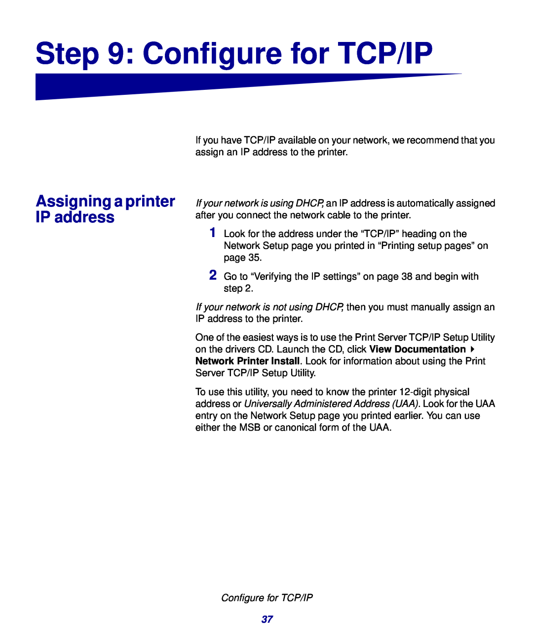 Lexmark 323, 321 setup guide Configure for TCP/IP, Assigning a printer IP address 