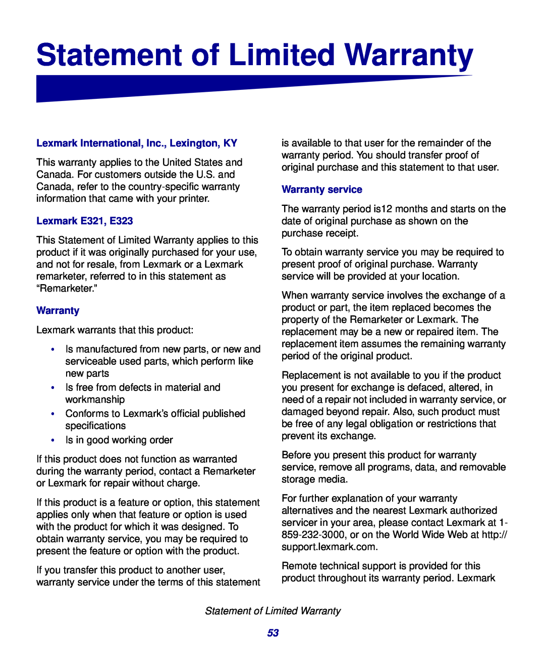 Lexmark Statement of Limited Warranty, Lexmark International, Inc., Lexington, KY, Lexmark E321, E323, Warranty service 