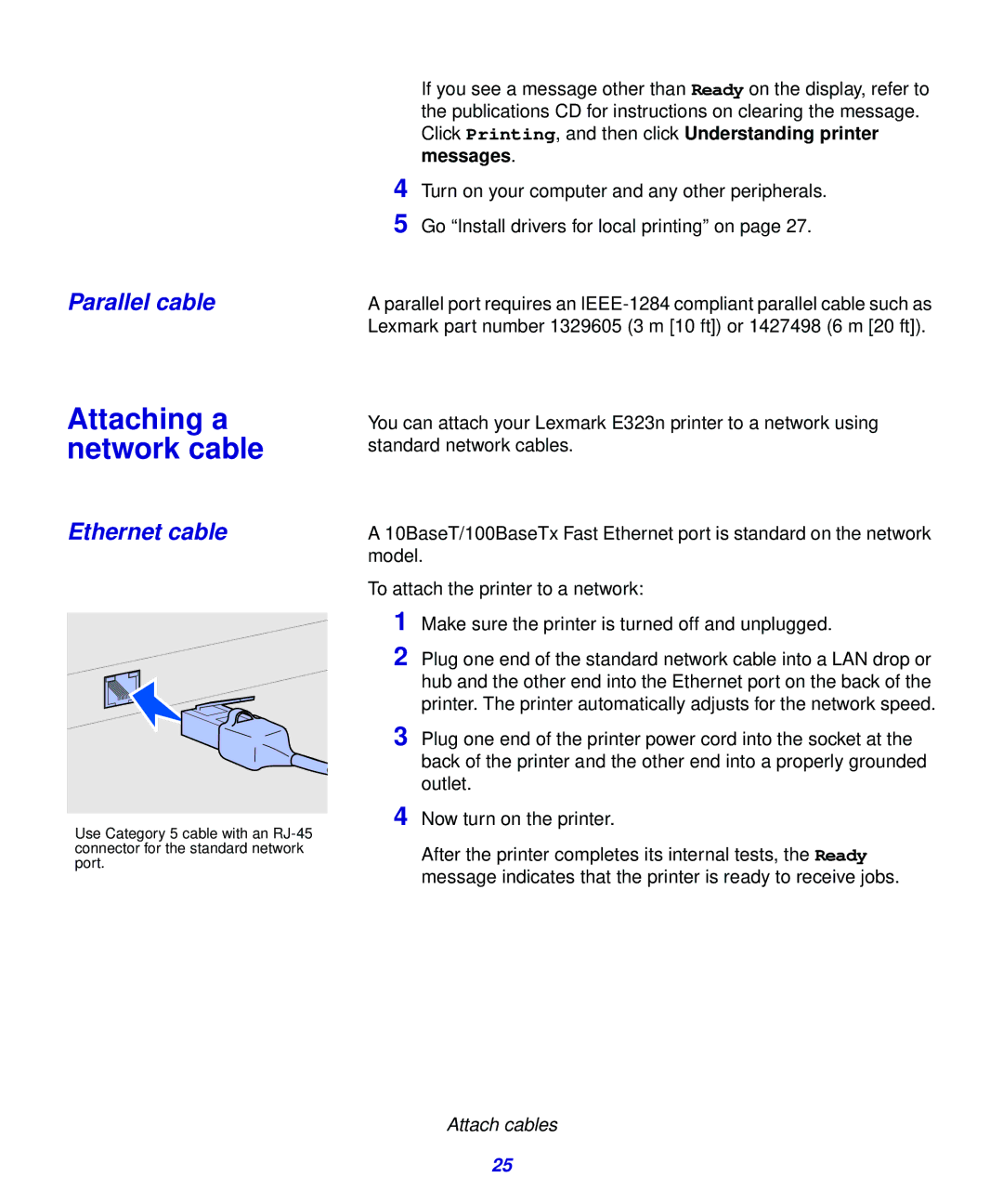 Lexmark 323, 321 setup guide Attaching a network cable, Parallel cable, Ethernet cable 