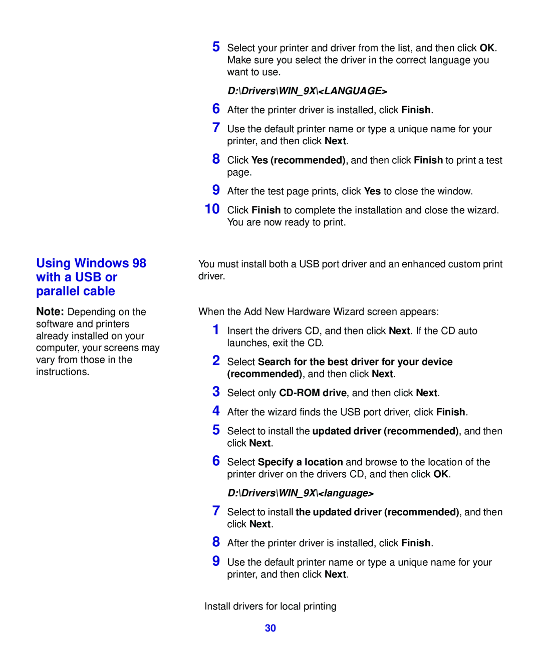 Lexmark 321, 323 setup guide Using Windows 98 with a USB or parallel cable 